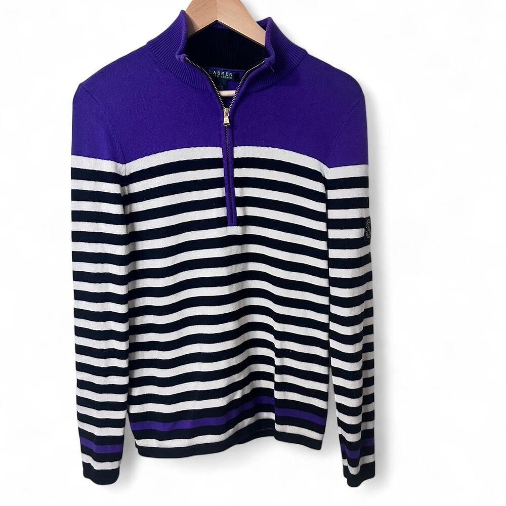Lauren Ralph Lauren Purple Preppy Striped Quarter Zip Cotton Sweater Size L